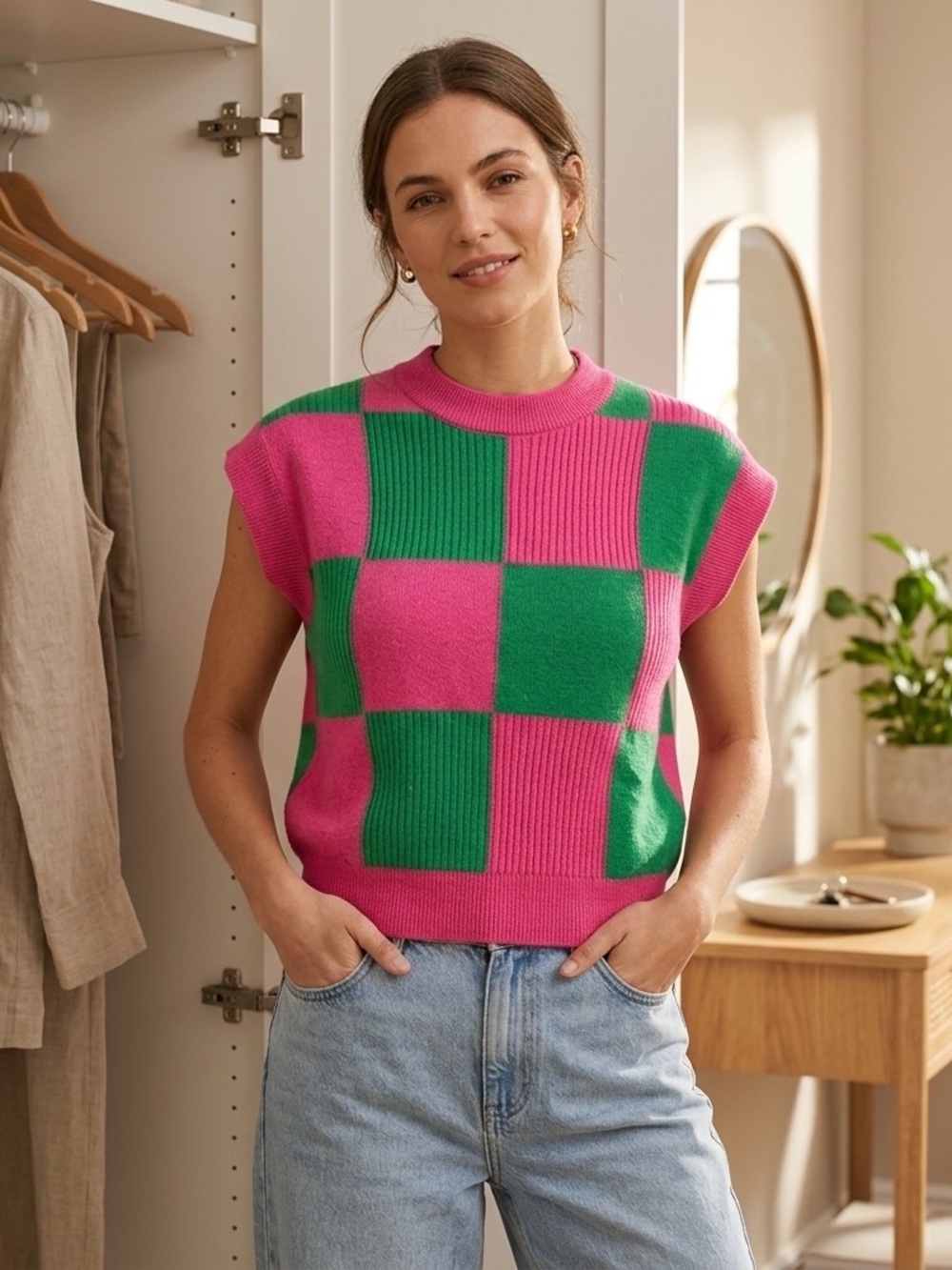 Checkerboard Crewneck Sweater Vest in Pink & Green NWOT